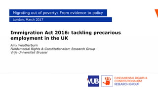 Titel van dia
14-4-2017 | 1
1
London, March 2017
Migrating out of poverty: From evidence to policy
Immigration Act 2016: tackling precarious
employment in the UK
Amy Weatherburn
Fundamental Rights & Constitutionalism Research Group
Vrije Universiteit Brussel
 