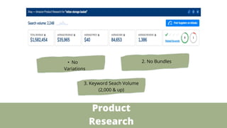 Product
Research
• No
Variations
2. No Bundles
3. Keyword Seach Volume
(2,000 & up)
 
