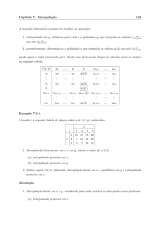Cap´ıtulo 7. Interpola¸c˜ao 118
A segunda alternativa consiste em realizar as opera¸c˜oes
1. interpolando em y, obt´em-se para cada i o polin´omio qi que interpola os valores (zij)m
j=0
nos n´os (yj)m
j=0;
2. posteriormente, determina-se o polin´omio p que interpola os valores qi(¯y) nos n´os (xi)n
i=0.
sendo agora o valor procurado p(¯x). Neste caso dever-se-˜ao dispor os c´alculos como se mostra
na seguinte tabela.
f(x, y) y0 . . . yl ¯y yl+1 . . . ym
x0 z00 . . . z0l q0(¯y) z0,l+1 . . . z0m
...
...
...
...
...
...
...
...
xk zk0 . . . zkl qk(¯y) zk,l+1 . . . zkm
¯x p(¯y)
xk+1 zk+1,0 . . . zk+1,l qk+1(¯y) zk+1,l+1 . . . zk+1,m
...
...
...
...
...
...
...
...
xn zn0 . . . znl qn(¯y) zn,l+1 . . . znm
Exemplo 7.9.1.
Considere a seguinte tabela de alguns valores de z(x, y) conhecidos.
y
z 1 2 4 6
1 10 15 18 22
x 2 7 12 15 20
5 5 8 10 14
1. Interpolando linearmente em x e em y, estime o valor de z(4, 5)
(a) interpolando primeiro em x.
(b) interpolando primeiro em y.
2. Estime agora z(4, 5) utilizando interpola¸c˜ao linear em x e quadr´atica em y e interpolando
primeiro em x.
Resolu¸c˜ao
1. Interpola¸c˜ao linear em x e y, escolhendo para cada vari´avel os dois pontos mais pr´oximos.
(a) Interpolando primeiro em x
 