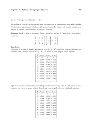 Cap´ıtulo 5. Sistemas de Equa¸c˜oes Lineares 79
que convergem para a solu¸c˜ao [1 1 1]T.
Em ambos os exemplos atr´as apresentados veriﬁca-se que as sucess˜oes geradas pelos m´etodos
iterativos convergem para a solu¸c˜ao do sistema procurada. No entanto este comportamento nem
sempre se veriﬁca, como se mostra no seguinte exemplo.
Exemplo 5.5.3. Aplicar o m´etodo de Jacobi e tamb´em o m´etodo de Gauss-Seidel para resolver
o sistema 



1 −1 1
0 2 −1
1 −2 2








x1
x2
x3



 =




1
1
1



 .
Resolu¸c˜ao
Aplicando o m´etodo de Jabobi, partindo de x0 = [0 0 0]T, obt´em-se uma sucess˜ao que n˜ao
converge para a solu¸c˜ao (´unica) ¯x = [1 1 1]T, como se pode ver pela tabela seguinte.
k x1,(k) x2,(k) x3,(k)
0 0 0 0
1 1.0000 0.5000 0.5000
2 1.0000 0.7500 0.5000
3 1.2500 0.7500 0.7500
4 1.0000 0.8750 0.6250
5 1.2500 0.8125 0.8750
6 0.9375 0.9375 0.6875
7 1.2500 0.8438 0.9688
8 0.8750 0.9844 0.7188
9 1.2656 0.8594 1.0469
. . . . . . . . . . . .
Aplicando agora o m´etodo de Gauss-Seidel e partindo tamb´em de x0 = [0 0 0]T, obt´em-se uma
sucess˜ao que converge para a solu¸c˜ao do sistema, como se pode observar pela tabela seguinte.
k x1,(k) x2,(k) x3,(k)
0 0 0 0
1 1.5000 0.5000 0.5000
2 1.0000 0.7500 0.7500
3 1.0000 0.8750 0.8750
4 1.0000 0.9375 0.9375
5 1.0000 0.9688 0.9688
6 1.0000 0.9844 0.9844
7 1.0000 0.9922 0.9922
8 1.0000 0.9961 0.9961
9 1.0000 0.9980 0.9980
. . . . . . . . . . . .
 