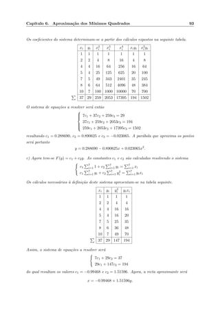 Cap´ıtulo 6. Aproxima¸c˜ao dos M´ınimos Quadrados 93
Os coeﬁcientes do sistema determinam-se a partir dos c´alculos expostos na seguinte tabela.
xi yi x2
i x3
i x4
i xiyi x2
i yi
1 1 1 1 1 1 1
2 2 4 8 16 4 8
4 4 16 64 256 16 64
5 4 25 125 625 20 100
7 5 49 343 2401 35 245
8 6 64 512 4096 48 384
10 7 100 1000 10000 70 700
37 29 259 2053 17395 194 1502
O sistema de equa¸c˜oes a resolver ser´a ent˜ao



7c1 + 37c2 + 259c3 = 29
37c1 + 259c2 + 2053c3 = 194
259c1 + 2053c2 + 17395c3 = 1502
resultando c1 = 0.288690, c2 = 0.890625 e c3 = −0.023065. A par´abola que aproxima os pontos
ser´a portanto
y = 0.288690 − 0.890625x + 0.023065x2
.
c) Agora tem-se F(y) = c1 + c2y. As constantes c1 e c2 s˜ao calculadas resolvendo o sistema
c1
7
i=1 1 + c2
7
i=1 yi = 7
i=1 xi
c1
7
i=1 yi + c2
7
i=1 y2
i = 7
i=1 yixi
Os c´alculos necess´arios `a deﬁni¸c˜ao deste sistema apresentam-se na tabela seguinte.
xi yi y2
i yixi
1 1 1 1
2 2 4 4
4 4 16 16
5 4 16 20
7 5 25 35
8 6 36 48
10 7 49 70
37 29 147 194
Assim, o sistema de equa¸c˜oes a resolver ser´a
7c1 + 29c2 = 37
29c1 + 147c2 = 194
do qual resultam os valores c1 = −0.99468 e c2 = 1.51596. Agora, a recta aproximante ser´a
x = −0.99468 + 1.51596y.
 