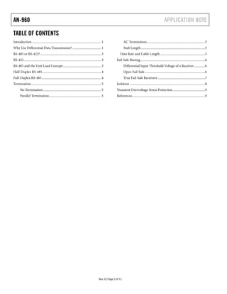 AN-960 APPLICATION NOTE
Rev. 0 | Page 2 of 12
TABLE OF CONTENTS
Introduction ...................................................................................... 1 
Why Use Differential Data Transmission?.................................... 1 
RS-485 or RS-422?............................................................................ 3 
RS-422................................................................................................ 3 
RS-485 and the Unit Load Concept ............................................... 3 
Half-Duplex RS-485......................................................................... 4 
Full-Duplex RS-485.......................................................................... 4 
Termination....................................................................................... 5 
No Termination........................................................................ 5 
Parallel Termination................................................................. 5 
AC Termination.........................................................................5 
Stub Length................................................................................5 
Data Rate and Cable Length ........................................................5 
Fail-Safe Biasing.................................................................................6 
Differential Input Threshold Voltage of a Receiver..............6 
Open Fail-Safe ...........................................................................6 
True Fail-Safe Receivers ...........................................................7 
Isolation ..............................................................................................8 
Transient Overvoltage Stress Protection ........................................9 
References...........................................................................................9 
 
