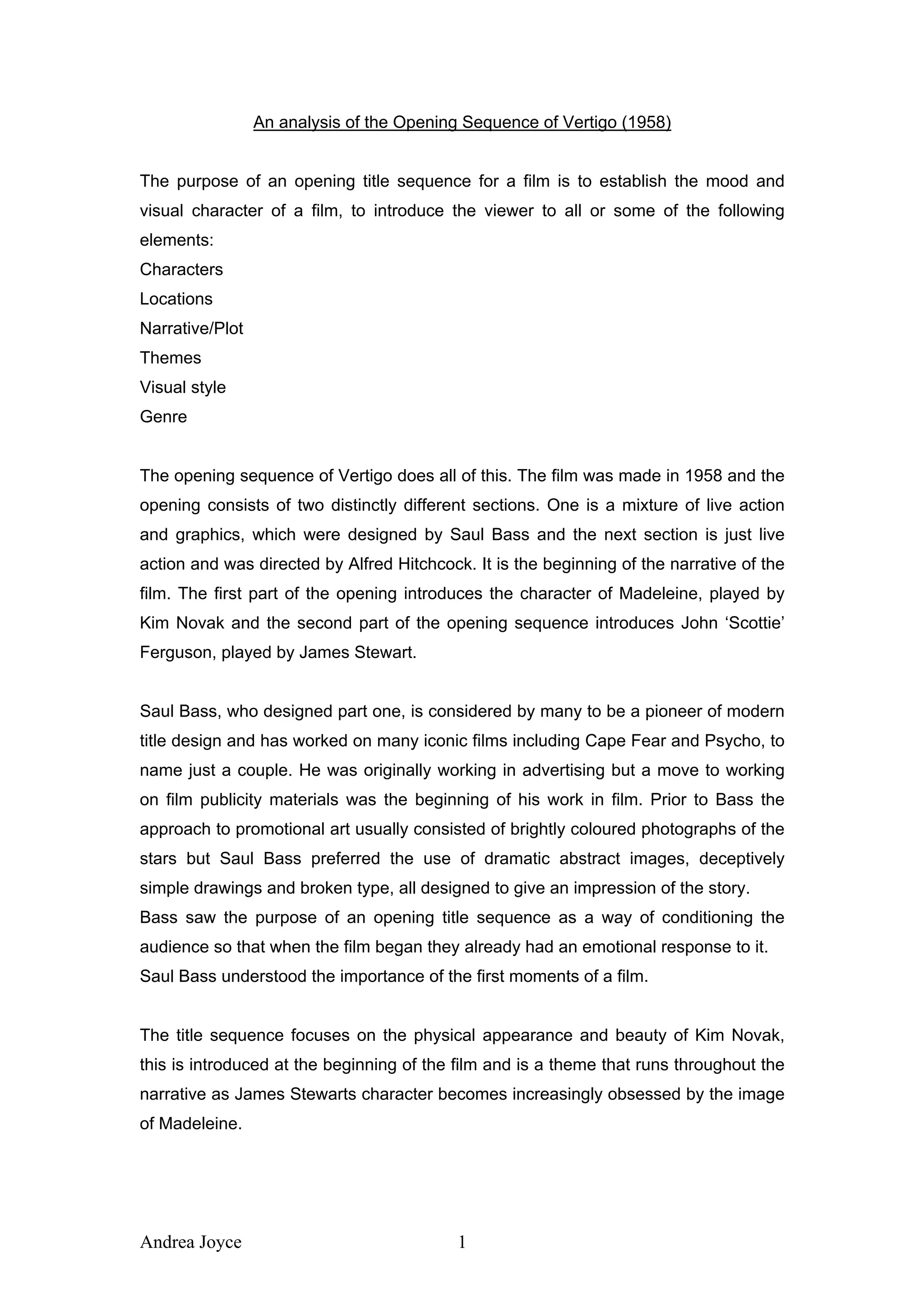 An Analysis Of The Opening Sequence Of Vertigo