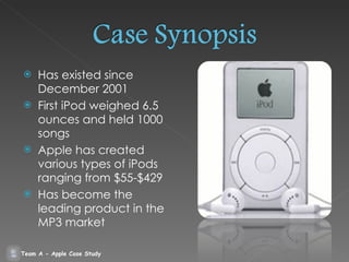 <ul><li>Has existed since December 2001 </li></ul><ul><li>First iPod weighed 6.5 ounces and held 1000 songs </li></ul><ul>...
