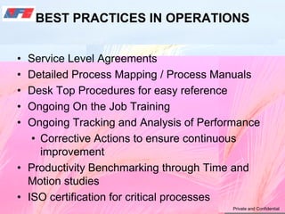 BEST PRACTICES IN OPERATIONS
• Service Level Agreements
• Detailed Process Mapping / Process Manuals
• Desk Top Procedures...