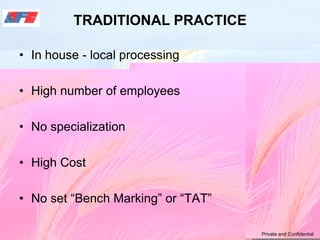 TRADITIONAL PRACTICE
• In house - local processing
• High number of employees
• No specialization
• High Cost
• No set “Be...