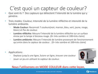 C’est quoi un capteur de couleur?
• Que sont-ils ? Des capteurs qui détectent l’intensité de la lumière qui y
pénètre.
• Trois modes: Couleur, Intensité de la lumière réfléchie et intensité de la
lumière ambiante.
◦ Mode Couleur: Reconnait 7 couleurs(noir, marron, bleu, vert, jaune, rouge,
blanc) et Pas de couleur.
◦ Lumière réfléchie: Mesure l’intensité de la lumière réfléchie sur un surface
émise par la lampe à faisceau rouge. (0= très sombre et 100=très claire)
◦ Lumière ambiente: Mesure l’intensité de lumière provenant de l’environnement
qui entre dans le capteur de couleur. . (0= très sombre et 100=très claire)
• Applications:
◦ Deplace jusqu’a une ligne, Suivre un ligne, trouver une couleur
◦ Jouer un jeu en utilisant le capteur de couleur.
© EV3LESSONS.COM, 2016, (LAST EDIT: 7/04/2016) 4
sors – reflected light mode…
SENSOR shines a light on the mat and reads the reflected
evel (intensity) level, i.e. dark or bright, to help the robot
s position and through programming take action.
sity ranges from 0-100%
Nous l’utiliserons en MODE COULEUR dans cette leçon,
 