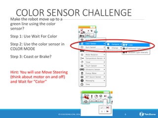 COLOR SENSOR CHALLENGEMake the robot move up to a
green line using the color
sensor?
Step 1: Use Wait For Color
Step 2: Use the color sensor in
COLOR MODE
Step 3: Coast or Brake?
Hint: You will use Move Steering
(think about motor on and off)
and Wait for “Color”
© EV3LESSONS.COM, 2016, (LAST EDIT: 7/04/2016) 6
 