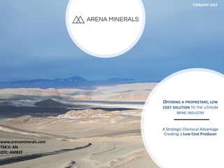 www.arenaminerals.com
TSX.V: AN
OTC: AMRZF
OFFERING A PROPRIETARY, LOW
COST SOLUTION TO THE LITHIUM
BRINE INDUSTRY
A Strategic Chemical Advantage
Creating a Low Cost Producer
FEBRUARY 2019
 