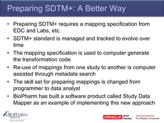 Preparing SDTM+: A Better Way
• Preparing SDTM+ requires a mapping specification from
EDC and Labs, etc.
• SDTM+ standard is managed and tracked to evolve over
time
• The mapping specification is used to computer generate
the transformation code
• Re-use of mappings from one study to another is computer
assisted through metadata search
• The skill set for preparing mappings is changed from
programmer to data analyst
• BioPharm has built a software product called Study Data
Mapper as an example of implementing this new approach
 