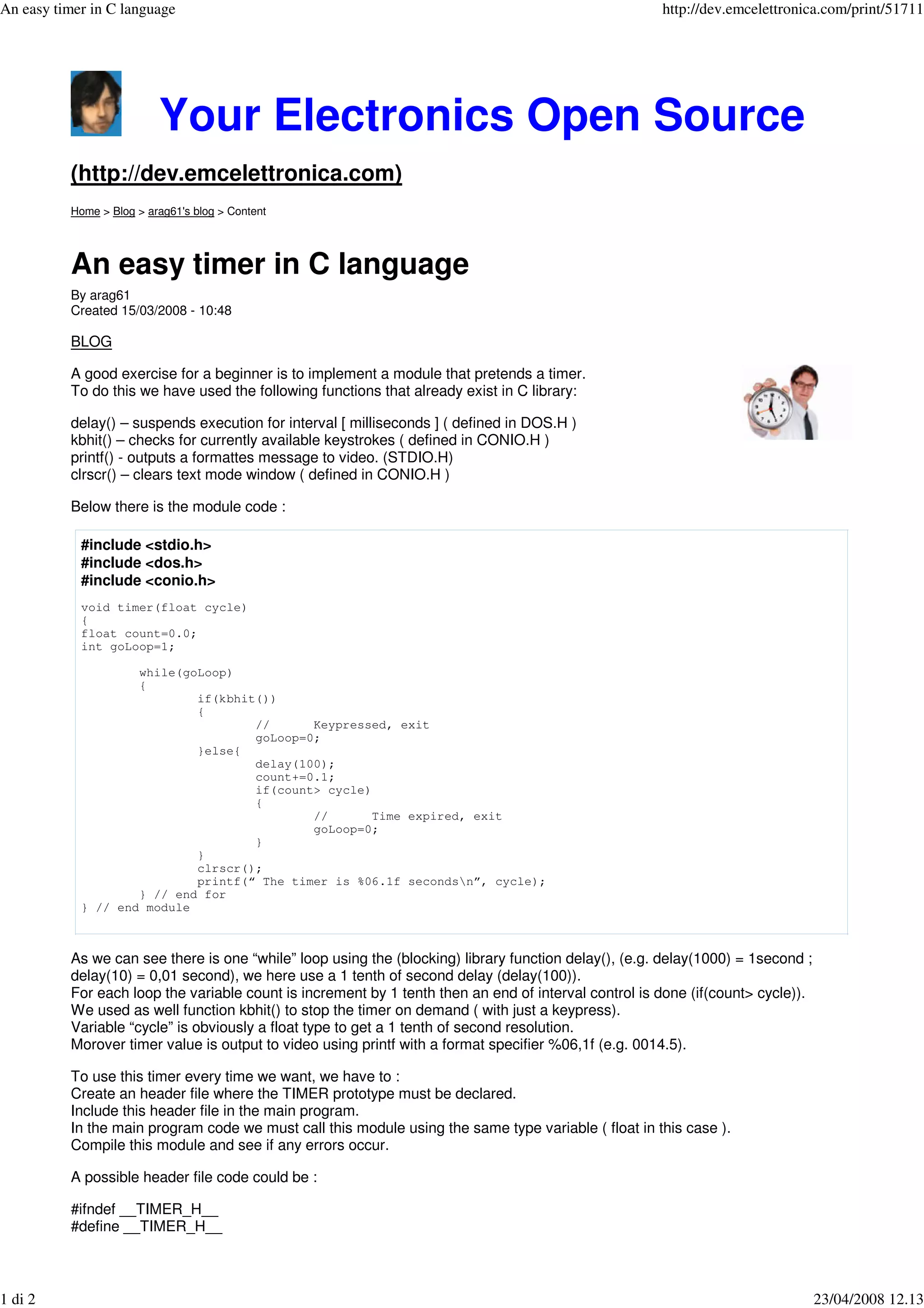 An Easy Timer In C Language | PDF