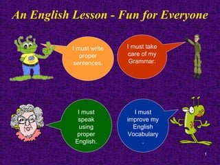 1
An English Lesson - Fun for Everyone
I must write
proper
sentences.
I must take
care of my
Grammar.
I must
speak
using
proper
English.
I must
improve my
English
Vocabulary
.
 