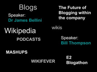 Speaker:  Dr James Bellini   The Future of Blogging within the company   MASHUPS   WIKIFEVER   Speaker:  Bill Thompson   E2 Blogathon PODCASTS   Wikipedia Blogs wikis 