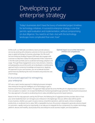 16 
Developing your 
enterprise strategy 
Today’s businesses don’t have the luxury of extended project timelines 
for tech...
