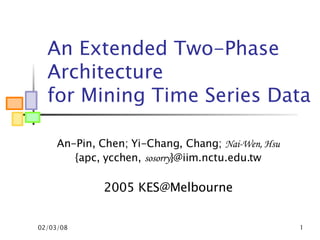 An Extended Two-Phase Architecture  for Mining Time Series Data  An-Pin, Chen; Yi-Chang, Chang;  Nai-Wen, Hsu {apc, ycchen,  sosorry }@iim.nctu.edu.tw 2005 KES@Melbourne 