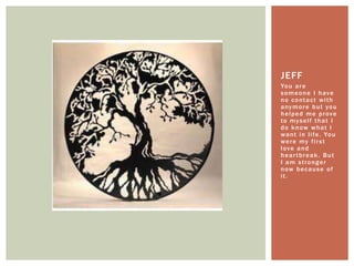 You are someone I have no contact with anymore but you helped me prove to myself that I do know what I want in life. You were my first love and heartbreak. But I am stronger now because of it.Jeff