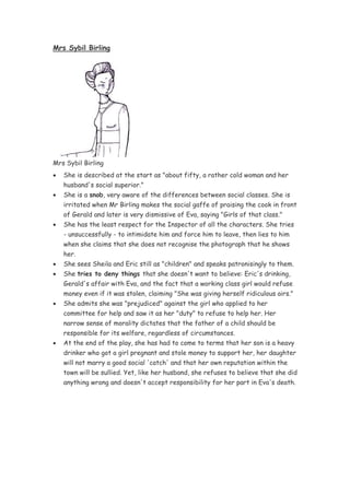 Mrs Sybil Birling




Mrs Sybil Birling
•   She is described at the start as "about fifty, a rather cold woman and her
    husband's social superior."
•   She is a snob, very aware of the differences between social classes. She is
    irritated when Mr Birling makes the social gaffe of praising the cook in front
    of Gerald and later is very dismissive of Eva, saying "Girls of that class."
•   She has the least respect for the Inspector of all the characters. She tries
    - unsuccessfully - to intimidate him and force him to leave, then lies to him
    when she claims that she does not recognise the photograph that he shows
    her.
•   She sees Sheila and Eric still as "children" and speaks patronisingly to them.
•   She tries to deny things that she doesn't want to believe: Eric's drinking,
    Gerald's affair with Eva, and the fact that a working class girl would refuse
    money even if it was stolen, claiming "She was giving herself ridiculous airs."
•   She admits she was "prejudiced" against the girl who applied to her
    committee for help and saw it as her "duty" to refuse to help her. Her
    narrow sense of morality dictates that the father of a child should be
    responsible for its welfare, regardless of circumstances.
•   At the end of the play, she has had to come to terms that her son is a heavy
    drinker who got a girl pregnant and stole money to support her, her daughter
    will not marry a good social 'catch' and that her own reputation within the
    town will be sullied. Yet, like her husband, she refuses to believe that she did
    anything wrong and doesn't accept responsibility for her part in Eva's death.
 