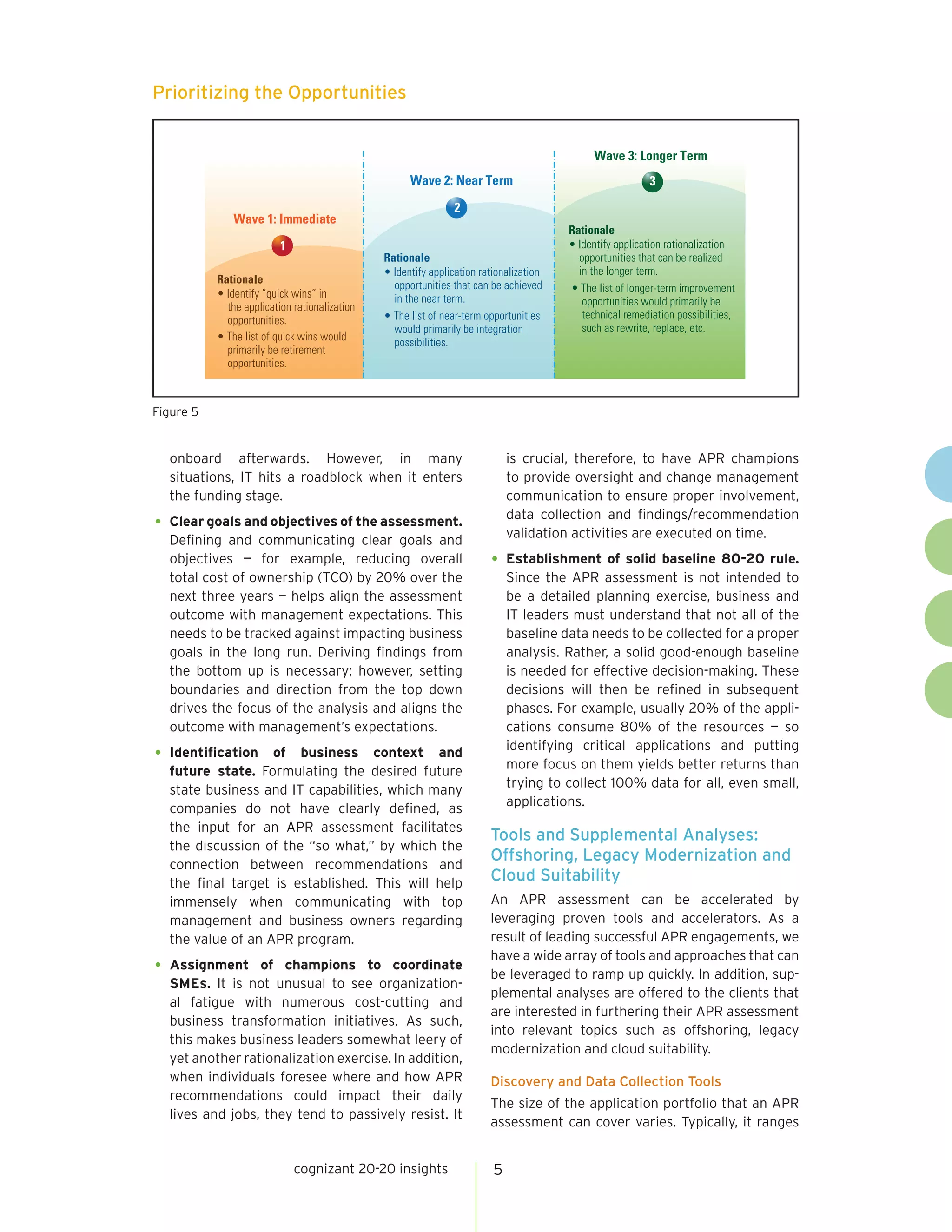 cognizant 20-20 insights 5
onboard afterwards. However, in many
situations, IT hits a roadblock when it enters
the funding stage.
•	Clear goals and objectives of the assessment.
Defining and communicating clear goals and
objectives — for example, reducing overall
total cost of ownership (TCO) by 20% over the
next three years — helps align the assessment
outcome with management expectations. This
needs to be tracked against impacting business
goals in the long run. Deriving findings from
the bottom up is necessary; however, setting
boundaries and direction from the top down
drives the focus of the analysis and aligns the
outcome with management’s expectations.
•	Identification of business context and
future state. Formulating the desired future
state business and IT capabilities, which many
companies do not have clearly defined, as
the input for an APR assessment facilitates
the discussion of the “so what,” by which the
connection between recommendations and
the final target is established. This will help
immensely when communicating with top
management and business owners regarding
the value of an APR program.
•	Assignment of champions to coordinate
SMEs. It is not unusual to see organization-
al fatigue with numerous cost-cutting and
business transformation initiatives. As such,
this makes business leaders somewhat leery of
yet another rationalization exercise. In addition,
when individuals foresee where and how APR
recommendations could impact their daily
lives and jobs, they tend to passively resist. It
is crucial, therefore, to have APR champions
to provide oversight and change management
communication to ensure proper involvement,
data collection and findings/recommendation
validation activities are executed on time.
•	Establishment of solid baseline 80-20 rule.
Since the APR assessment is not intended to
be a detailed planning exercise, business and
IT leaders must understand that not all of the
baseline data needs to be collected for a proper
analysis. Rather, a solid good-enough baseline
is needed for effective decision-making. These
decisions will then be refined in subsequent
phases. For example, usually 20% of the appli-
cations consume 80% of the resources — so
identifying critical applications and putting
more focus on them yields better returns than
trying to collect 100% data for all, even small,
applications.
Tools and Supplemental Analyses:
Offshoring, Legacy Modernization and
Cloud Suitability
An APR assessment can be accelerated by
leveraging proven tools and accelerators. As a
result of leading successful APR engagements, we
have a wide array of tools and approaches that can
be leveraged to ramp up quickly. In addition, sup-
plemental analyses are offered to the clients that
are interested in furthering their APR assessment
into relevant topics such as offshoring, legacy
modernization and cloud suitability.
Discovery and Data Collection Tools
The size of the application portfolio that an APR
assessment can cover varies. Typically, it ranges
Figure 5
Prioritizing the Opportunities
8
1
2
3
Wave 3: Longer Term
Wave 2: Near Term
Wave 1: Immediate
Rationale
• Identify “quick wins” in
the application rationalization
opportunities.
• The list of quick wins would
primarily be retirement
opportunities.
Rationale
• Identify application rationalization
opportunities that can be achieved
in the near term.
• The list of near-term opportunities
would primarily be integration
possibilities.
Rationale
• Identify application rationalization
opportunities that can be realized
in the longer term.
• The list of longer-term improvement
opportunities would primarily be
technical remediation possibilities,
such as rewrite, replace, etc.
 
