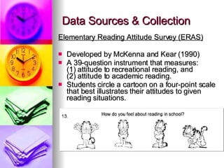 Data Sources & Collection Elementary Reading Attitude Survey (ERAS) Developed by McKenna and Kear (1990) A 39-question instrument that measures:  (1) attitude to recreational reading, and  (2) attitude to academic reading.  Students circle a cartoon on a four-point scale that best illustrates their attitudes to given reading situations. 
