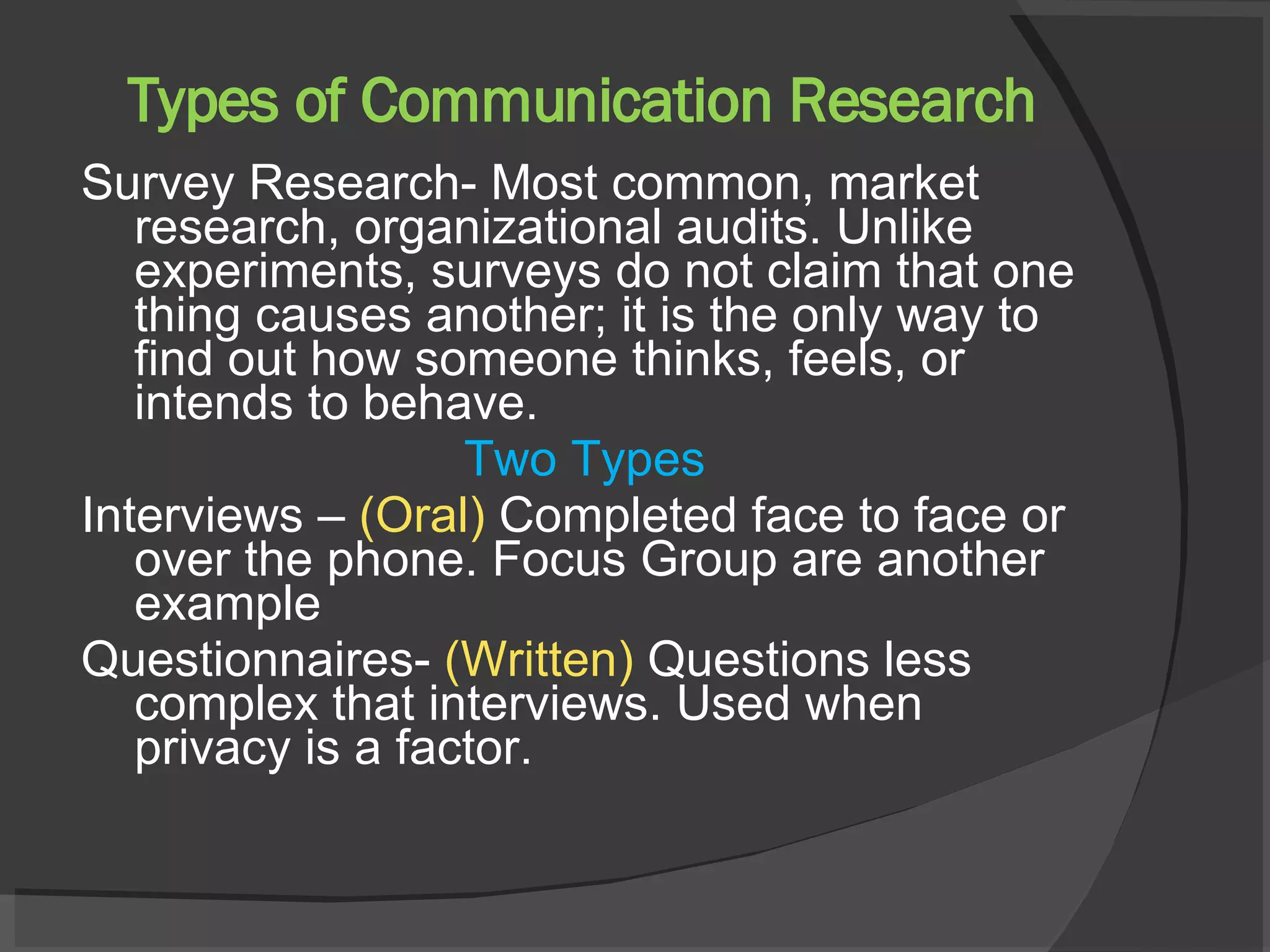 Types of Communication Research Survey Research- Most common, market research, organizational audits. Unlike experiments, surveys do not claim that one thing causes another; it is the only way to find out how someone thinks, feels, or intends to behave.  Two Types Interviews –  (Oral)  Completed face to face or over the phone. Focus Group are another example Questionnaires-  (Written)  Questions less complex that interviews. Used when privacy is a factor.  