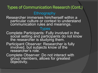 Types of Communication Research (Cont.) Ethnography  Researcher immerses him/herself within a particular culture or context to understand communication rules and meanings.  Types Complete Participants: Fully involved in the social setting and participants do not know the researcher is studying them. Participant Observer: Researcher is fully involved, but subjects know of the researcher’s role. Complete Observer: Do not interact with group members, allows for greatest objectivity.  
