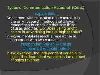Types of Communication Research (Cont.) Experiments  Concerned with causation and control. It is the only research method that allows researches to conclude that one thing causes another.  Ex- Does using bright colors in advertising lead to higher sales? In experimental research a researcher is concerned with two variables: Independent Variable- Cause Dependant Variable- Effect In the example, the independent variable is color, the dependant variable is the amount of sales revenue. 