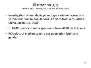 IllustraWon (1/3)
                 Holmes et al., Nature, Vol. 453, No. 15, May 2008

   InvesWgaWon of metabolic phenotype variaWon across and 
    within four human populaWons (17 ciWes from 4 countries: 
    China, Japan, UK, USA)
    1
       H NMR spectra of urine specimens from 4630 parWcipants
   PCA plots of median spectra per populaWon (city) and 
    gender




                                                                     144
 