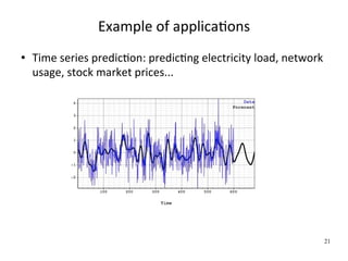 Example of applicaWons
   Time series predicWon: predicWng electricity load, network 
    usage, stock market prices...




                                                              21
 