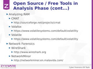 Cyber Forensics OS Tools
Open Source / Free Tools in
Analysis Phase (cont...)
Analyzing RAM
CMAT
http://sourceforge.net/projects/cmat
Volafox
https://www.volatilesystems.com/default/volatility
Volatile
https://www.volatilesystems.com/default/volatility
Network Forensics
WireShark
http://www.wireshark.org
NetworkMinor
http://networkminer.en.malavida.com/
 