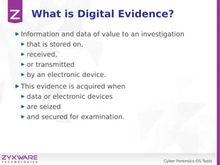 Cyber Forensics OS Tools
What is Digital Evidence?
Information and data of value to an investigation
that is stored on,
received,
or transmitted
by an electronic device.
This evidence is acquired when
data or electronic devices
are seized
and secured for examination.
 