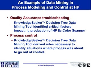 An Example of Data Mining in
  Process Modeling and Control at HP

• Quality Assurance troubleshooting
  – KnowledgeSeeker Decision Tree Data
    Mining Tool identified critical factors
    impacting production of HP IIc Color Scanner
• Process control
  – KnowledgeSeeker Decision Tree Data
    Mining Tool derived rules necessary to
    identify situations where process was about
    to go out of control.


                     William M. Pottenger, Ph.D.
 