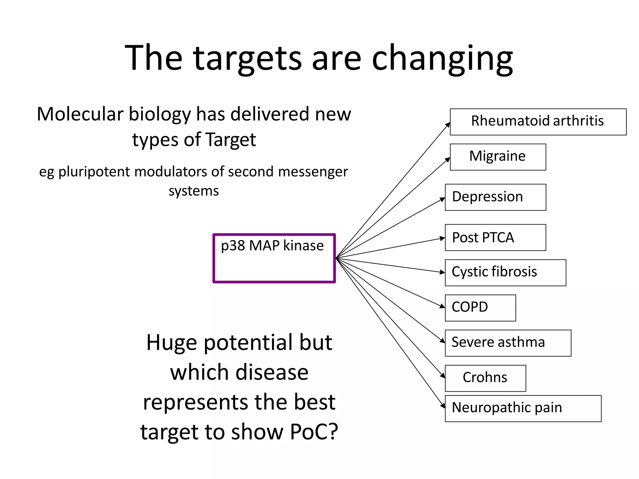 The targets are changing
Molecular biology has delivered new
types of Target
eg pluripotent modulators of second messenger
systems
p38 MAP kinase
Rheumatoid arthritis
Migraine
Cystic fibrosis
COPD
Depression
Post PTCA
Severe asthma
Crohns
Neuropathic pain
Huge potential but
which disease
represents the best
target to show PoC?
 