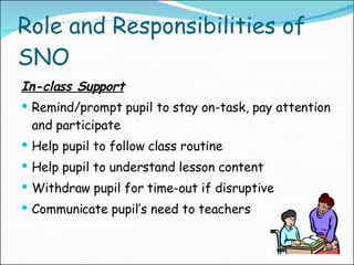 Role and Responsibilities of SNO In-class Support Remind/prompt pupil to stay on-task, pay attention and participate Help pupil to follow class routine Help pupil to understand lesson content Withdraw pupil for time-out if disruptive Communicate pupil’s need to teachers 
