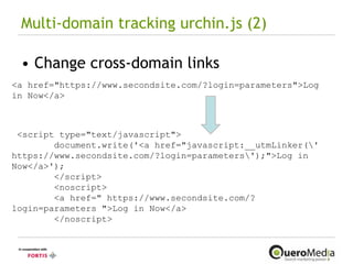 Multi-domain tracking urchin.js (2) Change cross-domain links <a href="https://www.secondsite.com/?login=parameters">Log in Now</a> <script type="text/javascript"> document.write('<a href="javascript:__utmLinker(\' https://www.secondsite.com/?login=parameters\');">Log in Now</a>'); </script> <noscript> <a href=" https://www.secondsite.com/?login=parameters ">Log in Now</a> </noscript> 