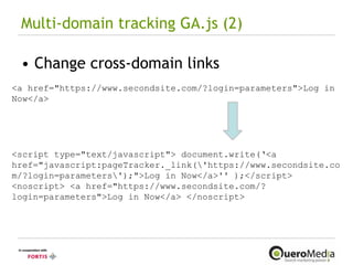 Multi-domain tracking GA.js (2) Change cross-domain links <a href="https://www.secondsite.com/?login=parameters">Log in Now</a> <script type="text/javascript"> document.write(‘<a href="javascript:pageTracker._link(\'https://www.secondsite.com/?login=parameters\');">Log in Now</a>'' );</script> <noscript> <a href="https://www.secondsite.com/?login=parameters">Log in Now</a>  </noscript> 