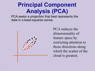 Principal Component Analysis (PCA) PCA seeks a projection that best represents the data in a least-squares sense. PCA reduces the dimensionality of feature space by restricting attention to those directions along which the scatter of the cloud is greatest. 