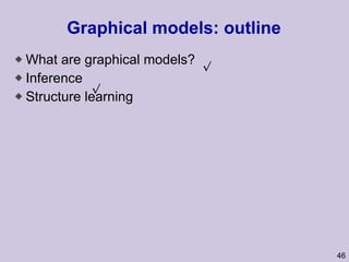 Graphical models: outline What are graphical models? Inference Structure learning p p 