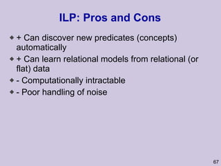 ILP: Pros and Cons + Can discover new predicates (concepts) automatically + Can learn relational models from relational (or flat) data - Computationally intractable - Poor handling of noise 