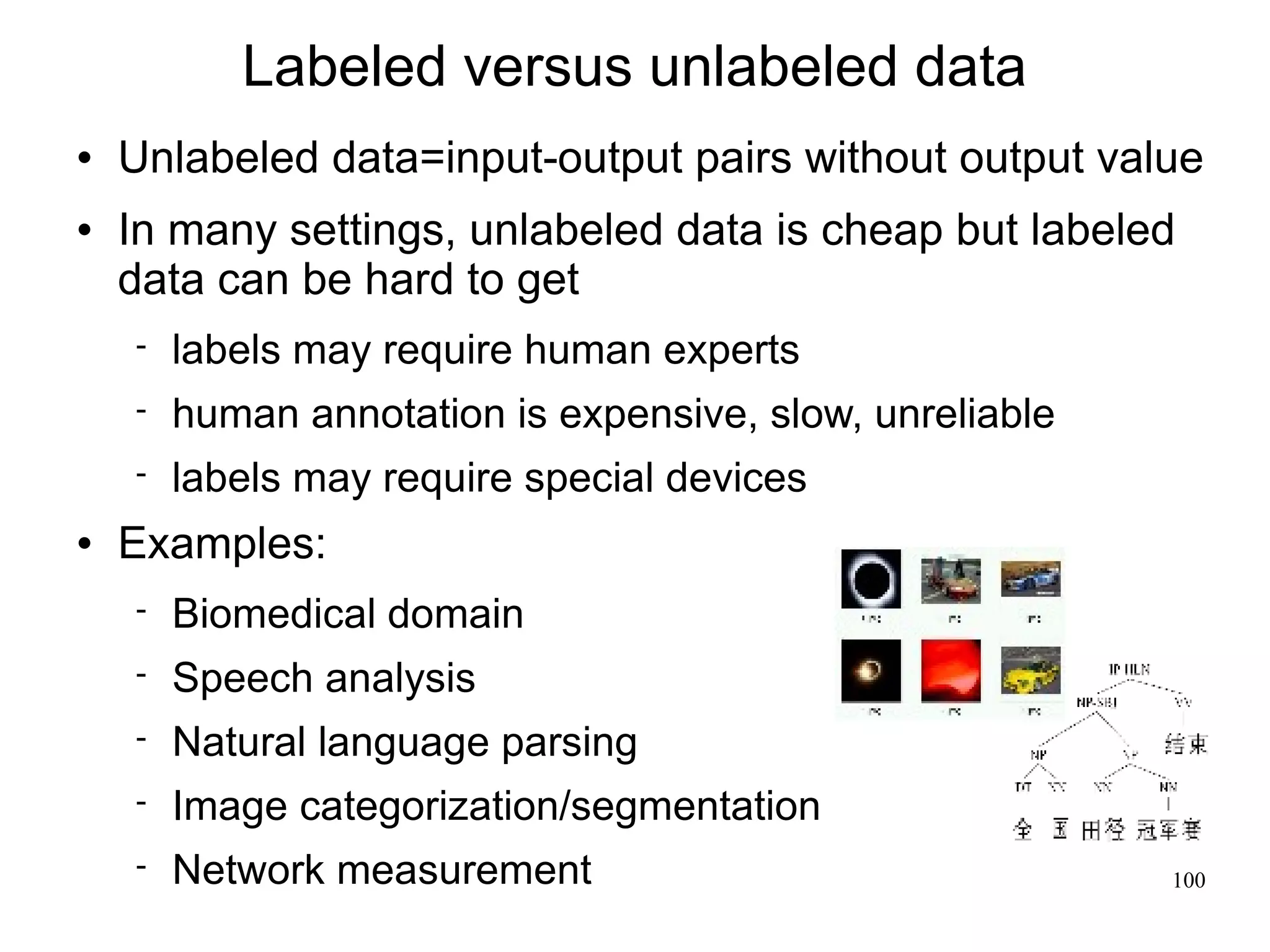 Labeled versus unlabeled data
   Unlabeled data=input-output pairs without output value
   In many settings, unlabeled data is cheap but labeled
    data can be hard to get
       labels may require human experts
       human annotation is expensive, slow, unreliable
       labels may require special devices
   Examples:
       Biomedical domain
       Speech analysis
       Natural language parsing
       Image categorization/segmentation
       Network measurement                               100
 