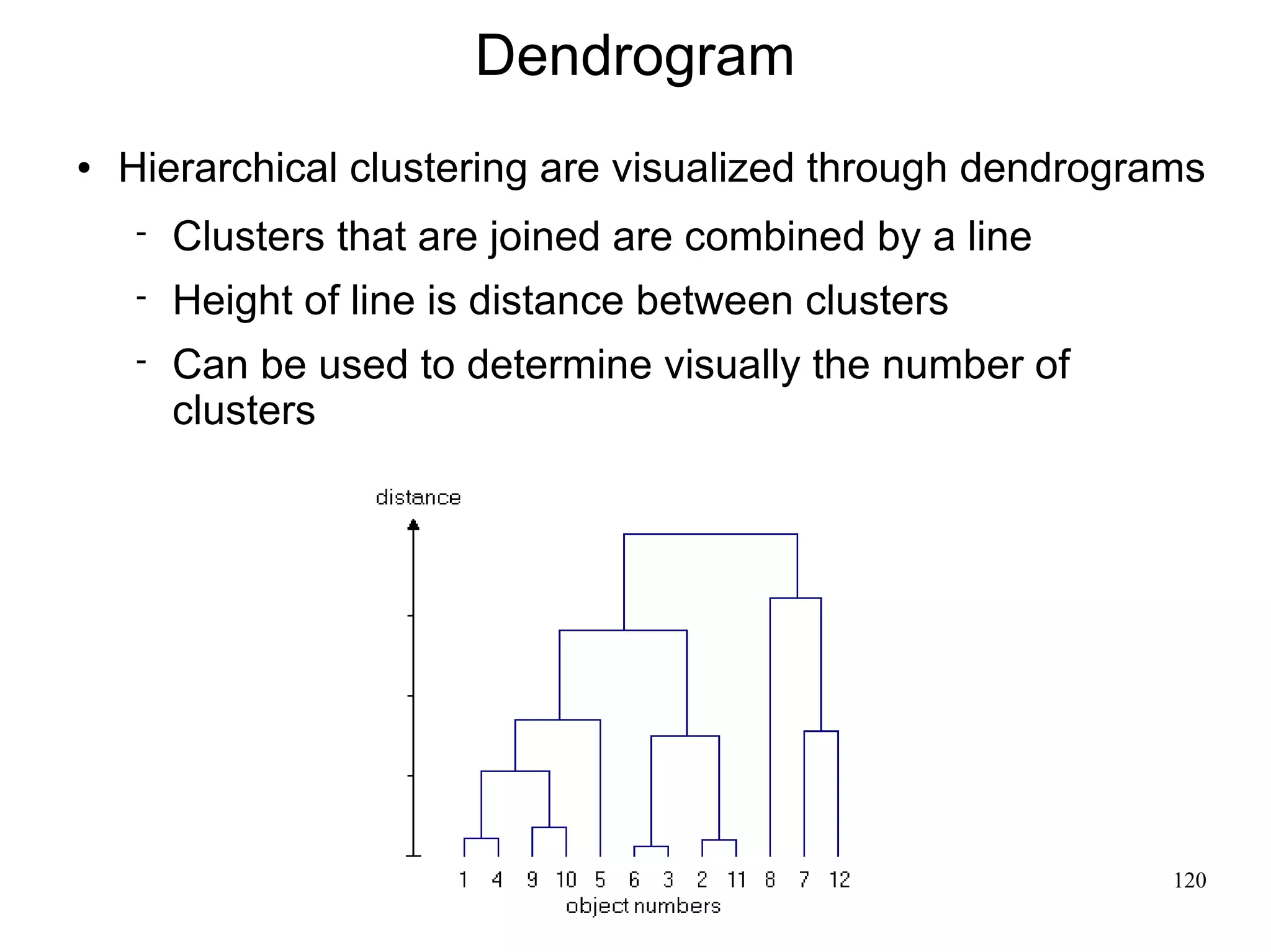 Dendrogram
   Hierarchical clustering are visualized through dendrograms
       Clusters that are joined are combined by a line
       Height of line is distance between clusters
       Can be used to determine visually the number of
        clusters




                                                            120
 
