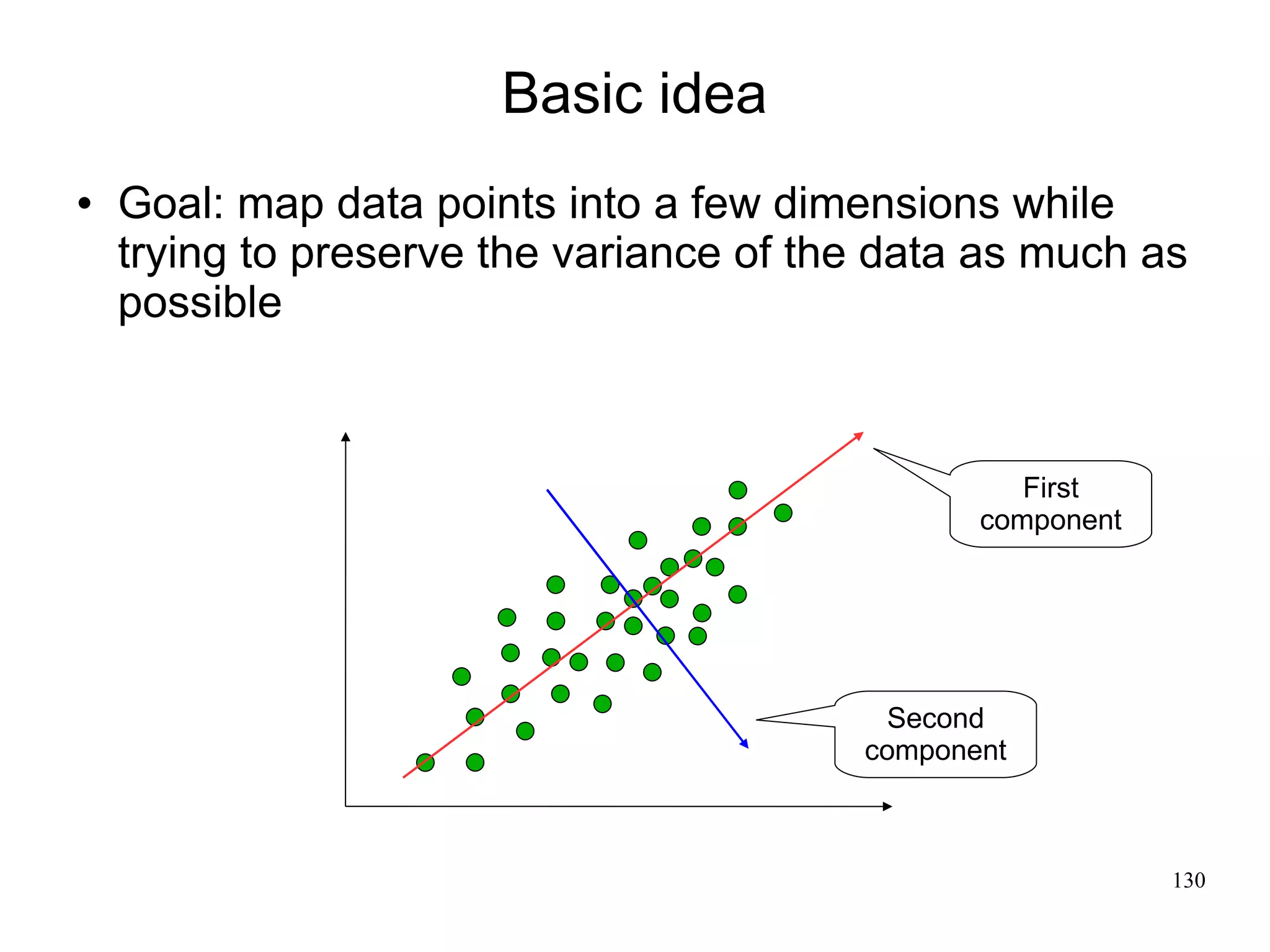 Basic idea
   Goal: map data points into a few dimensions while
    trying to preserve the variance of the data as much as
    possible



                                                   First
                                                component




                                           Second
                                         component



                                                            130
 