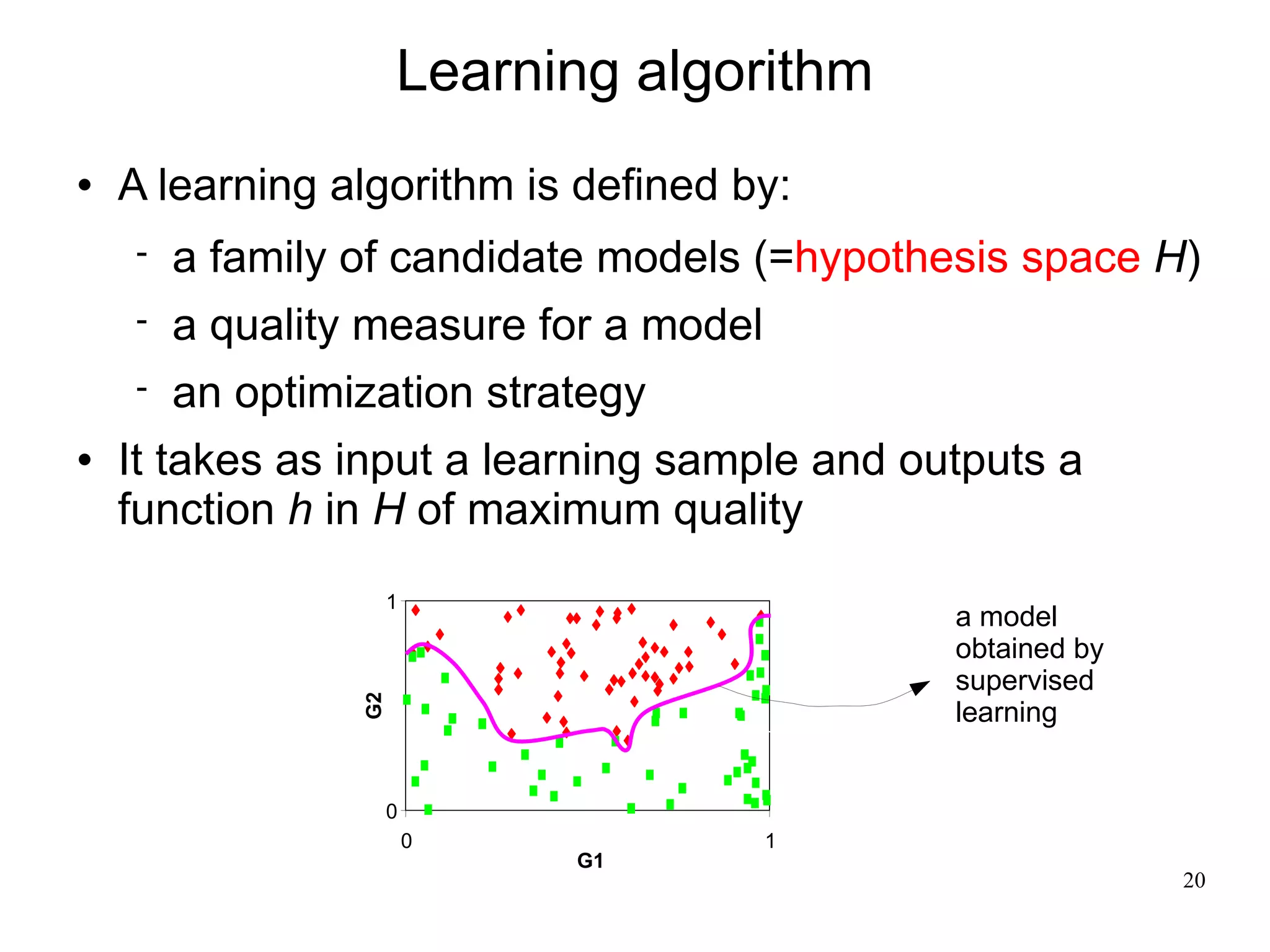 Learning algorithm
   A learning algorithm is defined by:
       a family of candidate models (=hypothesis space H)
       a quality measure for a model
       an optimization strategy
   It takes as input a learning sample and outputs a
    function h in H of maximum quality
                      1
                                              a model
                                              obtained by
                                              supervised
                 G2




                                              learning


                      0
                          0             1
                              G1
                                                            20
 