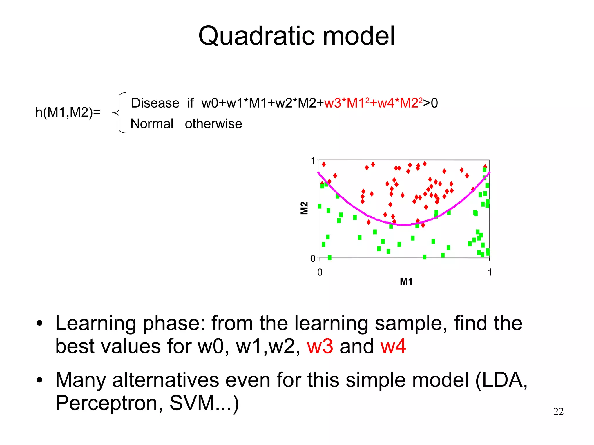 Quadratic model

            Disease if w0+w1*M1+w2*M2+w3*M12+w4*M22>0
h(M1,M2)=
            Normal otherwise

                                       1




                                  M2
                                       0
                                           0            1
                                               M1



   Learning phase: from the learning sample, find the
    best values for w0, w1,w2, w3 and w4
   Many alternatives even for this simple model (LDA,
    Perceptron, SVM...)                                     22
 