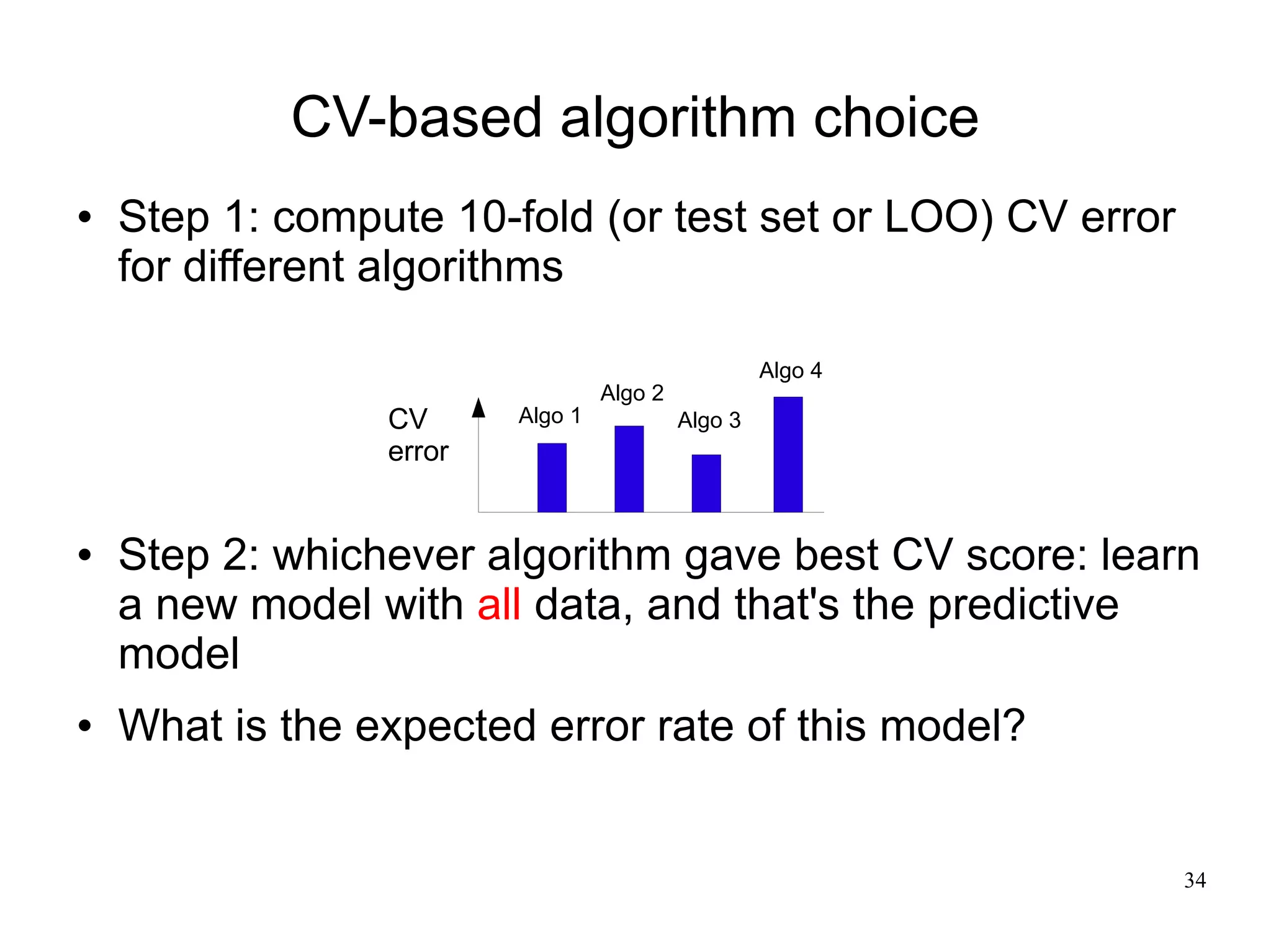 CV-based algorithm choice
   Step 1: compute 10-fold (or test set or LOO) CV error
    for different algorithms

                                                    Algo 4
                                  Algo 2
                 CV      Algo 1            Algo 3
                 error


   Step 2: whichever algorithm gave best CV score: learn
    a new model with all data, and that's the predictive
    model
   What is the expected error rate of this model?


                                                             34
 