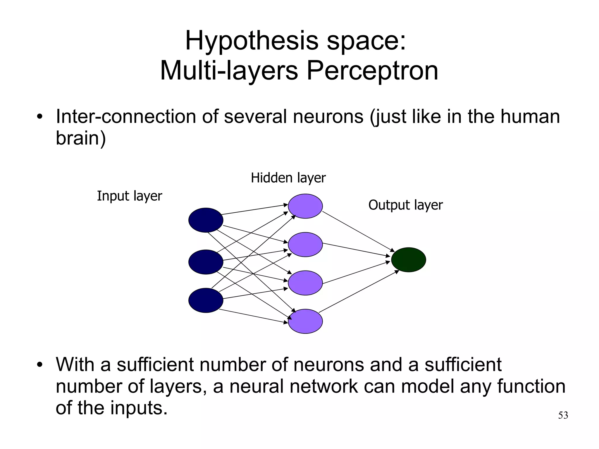 Hypothesis space:
                  Multi-layers Perceptron
   Inter-connection of several neurons (just like in the human
    brain)
                          Hidden layer
        Input layer
                                         Output layer




   With a sufficient number of neurons and a sufficient
    number of layers, a neural network can model any function
    of the inputs.                                          53
 
