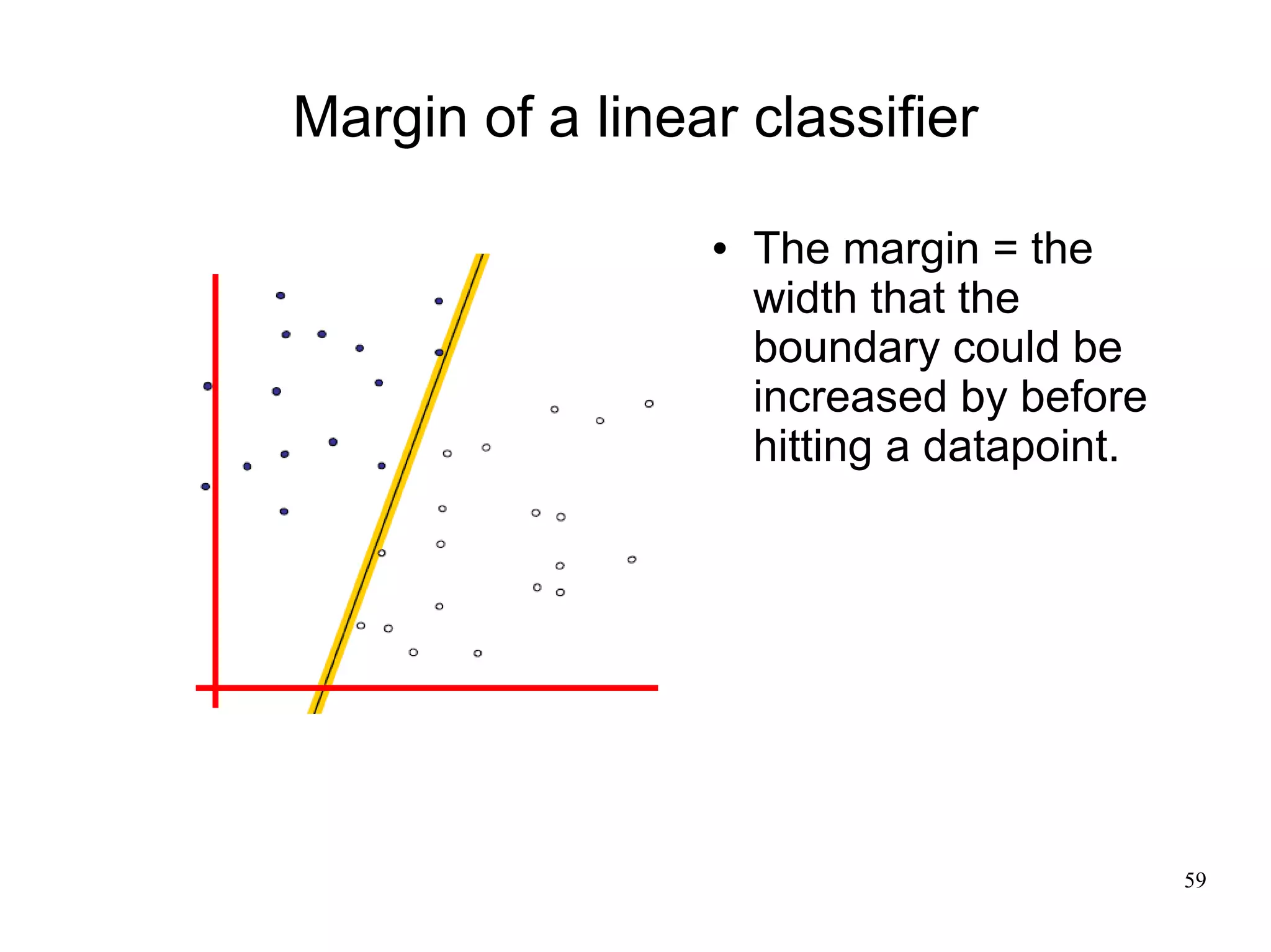 Margin of a linear classifier

                    The margin = the
                     width that the
                     boundary could be
                     increased by before
                     hitting a datapoint.




                                            59
 