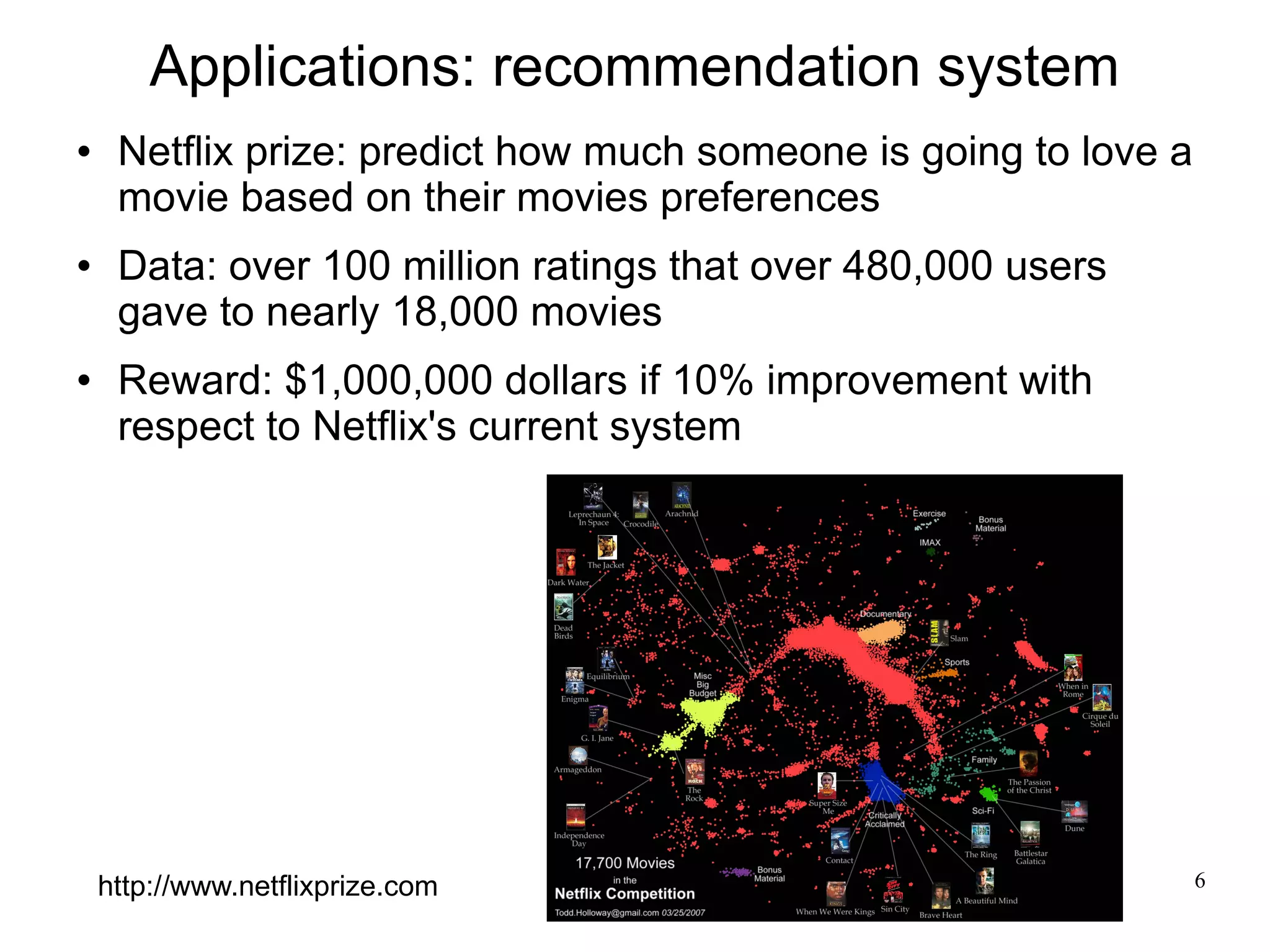 Applications: recommendation system
    Netflix prize: predict how much someone is going to love a
     movie based on their movies preferences
    Data: over 100 million ratings that over 480,000 users
     gave to nearly 18,000 movies
    Reward: $1,000,000 dollars if 10% improvement with
     respect to Netflix's current system




    http://www.netflixprize.com                                   6
 