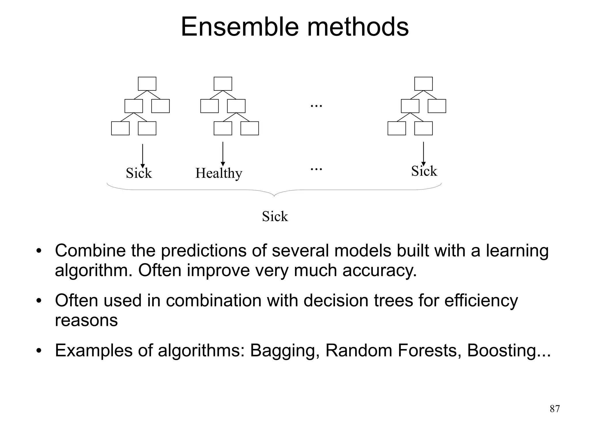 Ensemble methods

                                       ...


             Sick     Healthy
                                       ...        Sick


                                Sick

   Combine the predictions of several models built with a learning
    algorithm. Often improve very much accuracy.
   Often used in combination with decision trees for efficiency
    reasons
   Examples of algorithms: Bagging, Random Forests, Boosting...


                                                                      87
 