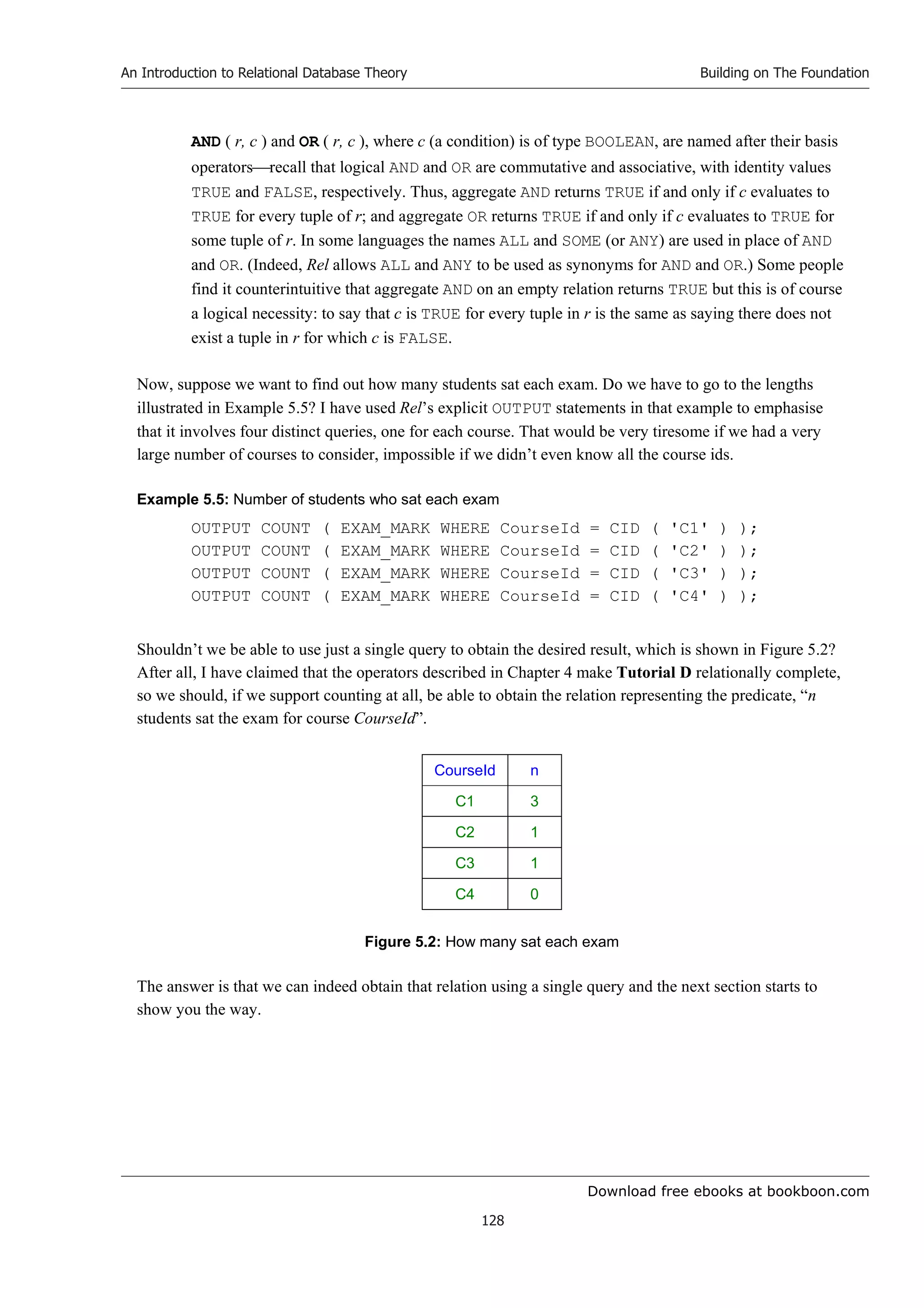 Download free ebooks at bookboon.com
An Introduction to Relational Database Theory
128
Building on The Foundation
AND ( r, c ) and OR ( r, c ), where c (a condition) is of type BOOLEAN, are named after their basis
operatorsrecall that logical AND and OR are commutative and associative, with identity values
TRUE and FALSE, respectively. Thus, aggregate AND returns TRUE if and only if c evaluates to
TRUE for every tuple of r; and aggregate OR returns TRUE if and only if c evaluates to TRUE for
some tuple of r. In some languages the names ALL and SOME (or ANY) are used in place of AND
and OR. (Indeed, Rel allows ALL and ANY to be used as synonyms for AND and OR.) Some people
find it counterintuitive that aggregate AND on an empty relation returns TRUE but this is of course
a logical necessity: to say that c is TRUE for every tuple in r is the same as saying there does not
exist a tuple in r for which c is FALSE.
Now, suppose we want to find out how many students sat each exam. Do we have to go to the lengths
illustrated in Example 5.5? I have used Rel’s explicit OUTPUT statements in that example to emphasise
that it involves four distinct queries, one for each course. That would be very tiresome if we had a very
large number of courses to consider, impossible if we didn’t even know all the course ids.
Example 5.5: Number of students who sat each exam
OUTPUT COUNT ( EXAM_MARK WHERE CourseId = CID ( 'C1' ) );
OUTPUT COUNT ( EXAM_MARK WHERE CourseId = CID ( 'C2' ) );
OUTPUT COUNT ( EXAM_MARK WHERE CourseId = CID ( 'C3' ) );
OUTPUT COUNT ( EXAM_MARK WHERE CourseId = CID ( 'C4' ) );
Shouldn’t we be able to use just a single query to obtain the desired result, which is shown in Figure 5.2?
After all, I have claimed that the operators described in Chapter 4 make Tutorial D relationally complete,
so we should, if we support counting at all, be able to obtain the relation representing the predicate, “n
students sat the exam for course CourseId”.
CourseId n
C1 3
C2 1
C3 1
C4 0
Figure 5.2: How many sat each exam
The answer is that we can indeed obtain that relation using a single query and the next section starts to
show you the way.
 