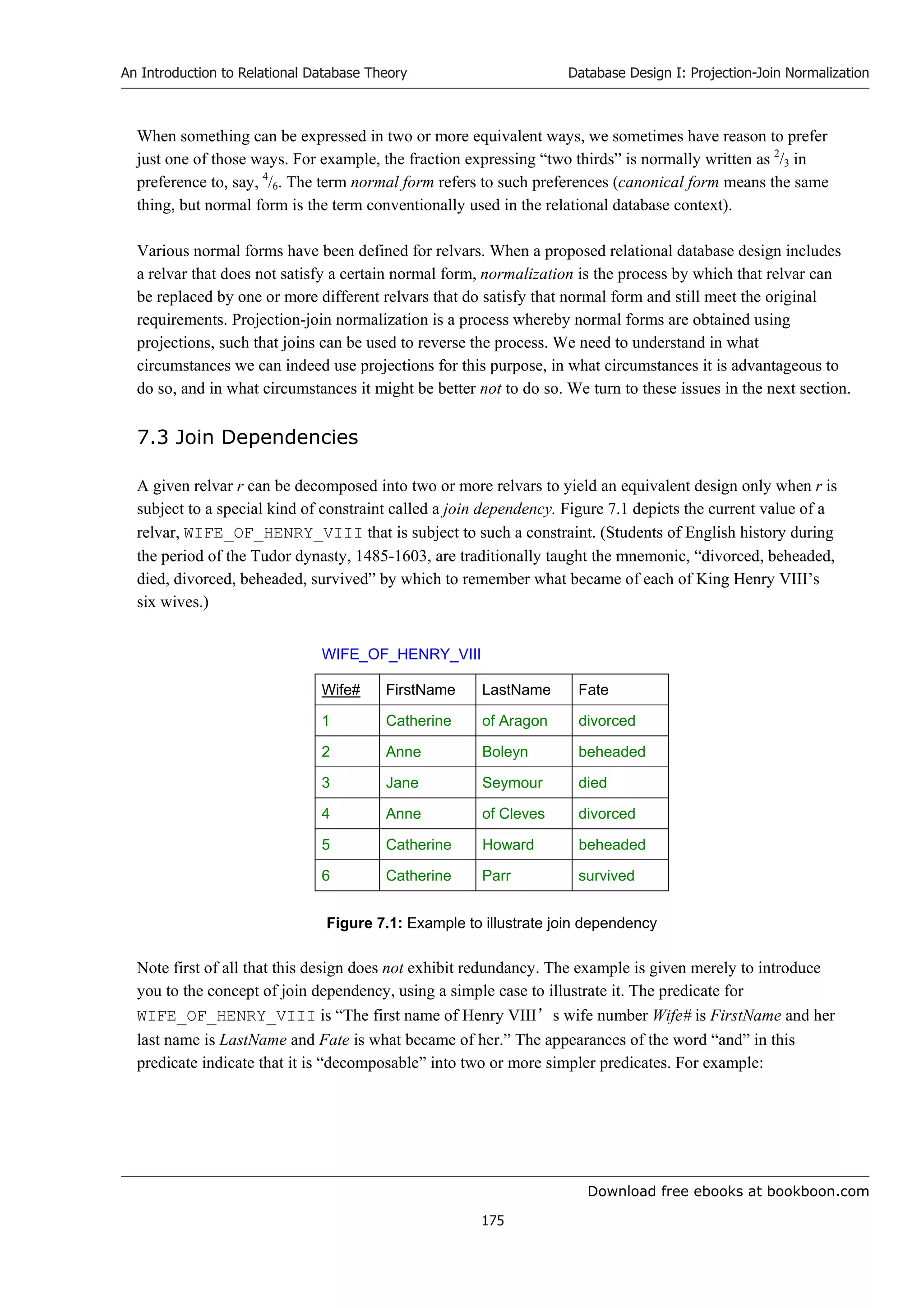 Download free ebooks at bookboon.com
An Introduction to Relational Database Theory
175
Database Design I: Projection-Join Normalization
When something can be expressed in two or more equivalent ways, we sometimes have reason to prefer
just one of those ways. For example, the fraction expressing “two thirds” is normally written as 2
/3 in
preference to, say, 4
/6. The term normal form refers to such preferences (canonical form means the same
thing, but normal form is the term conventionally used in the relational database context).
Various normal forms have been defined for relvars. When a proposed relational database design includes
a relvar that does not satisfy a certain normal form, normalization is the process by which that relvar can
be replaced by one or more different relvars that do satisfy that normal form and still meet the original
requirements. Projection-join normalization is a process whereby normal forms are obtained using
projections, such that joins can be used to reverse the process. We need to understand in what
circumstances we can indeed use projections for this purpose, in what circumstances it is advantageous to
do so, and in what circumstances it might be better not to do so. We turn to these issues in the next section.
7.3 Join Dependencies
A given relvar r can be decomposed into two or more relvars to yield an equivalent design only when r is
subject to a special kind of constraint called a join dependency. Figure 7.1 depicts the current value of a
relvar, WIFE_OF_HENRY_VIII that is subject to such a constraint. (Students of English history during
the period of the Tudor dynasty, 1485-1603, are traditionally taught the mnemonic, “divorced, beheaded,
died, divorced, beheaded, survived” by which to remember what became of each of King Henry VIII’s
six wives.)
WIFE_OF_HENRY_VIII
Wife# FirstName LastName Fate
1 Catherine of Aragon divorced
2 Anne Boleyn beheaded
3 Jane Seymour died
4 Anne of Cleves divorced
5 Catherine Howard beheaded
6 Catherine Parr survived
Figure 7.1: Example to illustrate join dependency
Note first of all that this design does not exhibit redundancy. The example is given merely to introduce
you to the concept of join dependency, using a simple case to illustrate it. The predicate for
WIFE_OF_HENRY_VIII is “The first name of Henry VIII’s wife number Wife# is FirstName and her
last name is LastName and Fate is what became of her.” The appearances of the word “and” in this
predicate indicate that it is “decomposable” into two or more simpler predicates. For example:
 